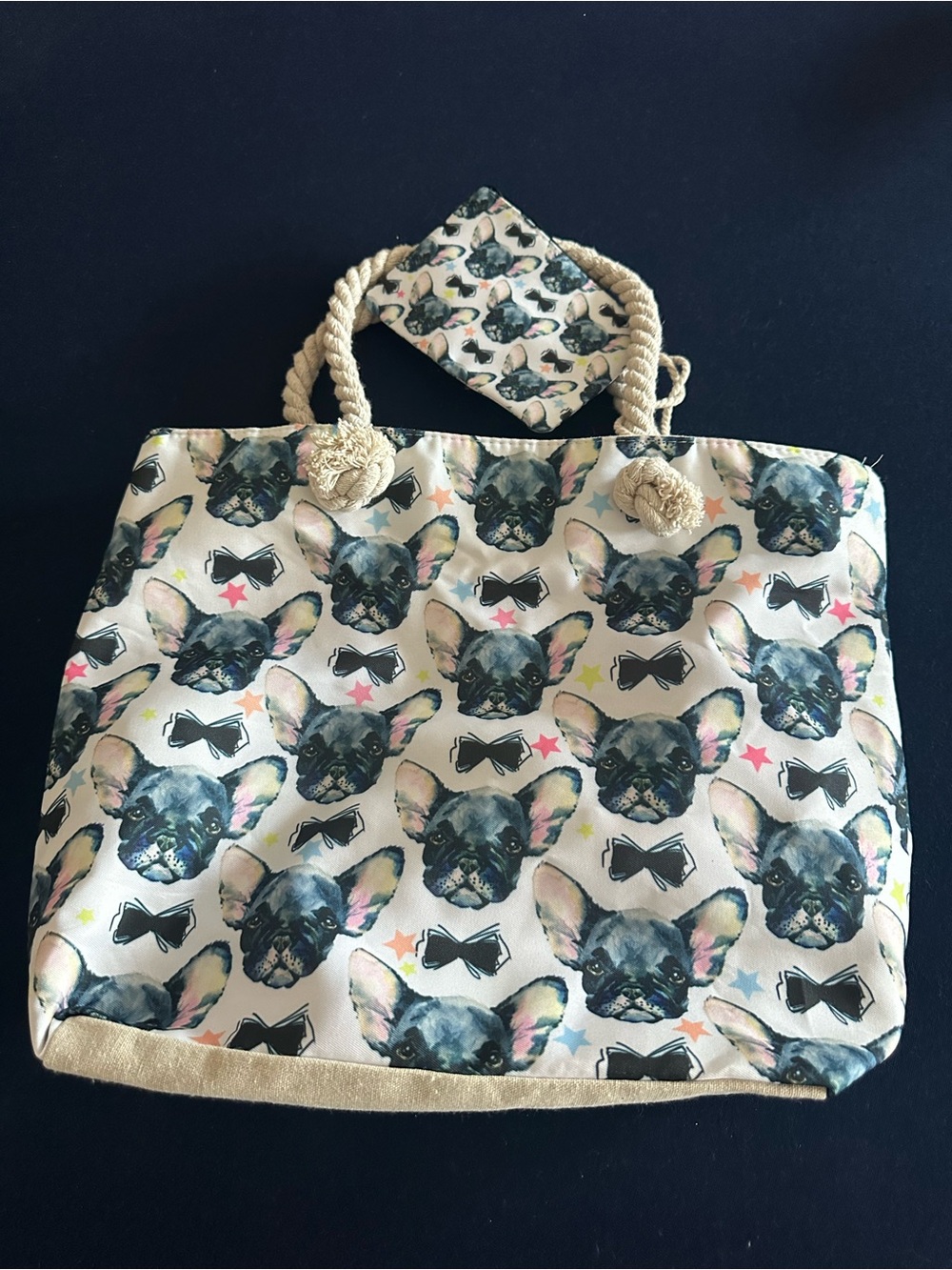 Cream French Bulldog Print Tote Bag with Rope Handles